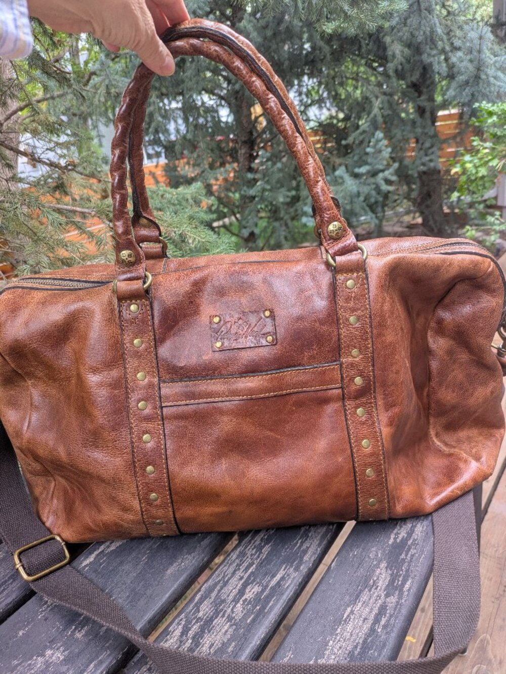 Patricia Nash Milano Leather Weekender Duffle Bag-Distressed Cognac Brown.